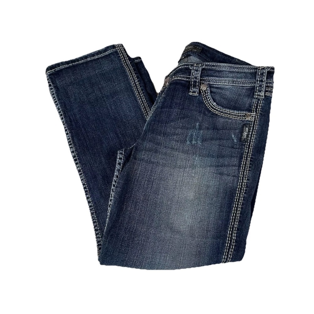 Silver Jeans Women’s Size W30 Twisted Capri Denim Dark Wash Blue Distressed 2114